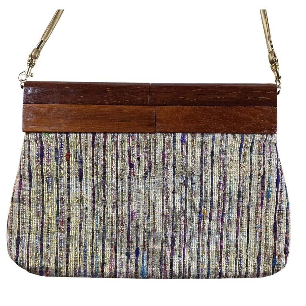 Saddle River Women Metallic Wood Handle Crossbody Purse Clutch‎ Vintage 80s Boho